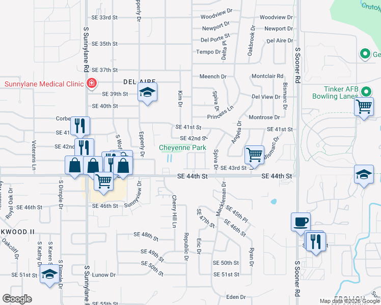 map of restaurants, bars, coffee shops, grocery stores, and more near 4701 Castle Bay Cove in Del City