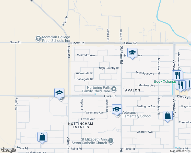 map of restaurants, bars, coffee shops, grocery stores, and more near 6808 Rangeview Drive in Bakersfield