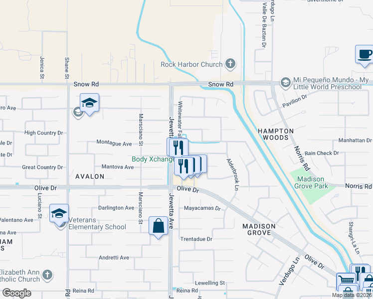 map of restaurants, bars, coffee shops, grocery stores, and more near 6911 Whitewater Falls Drive in Bakersfield