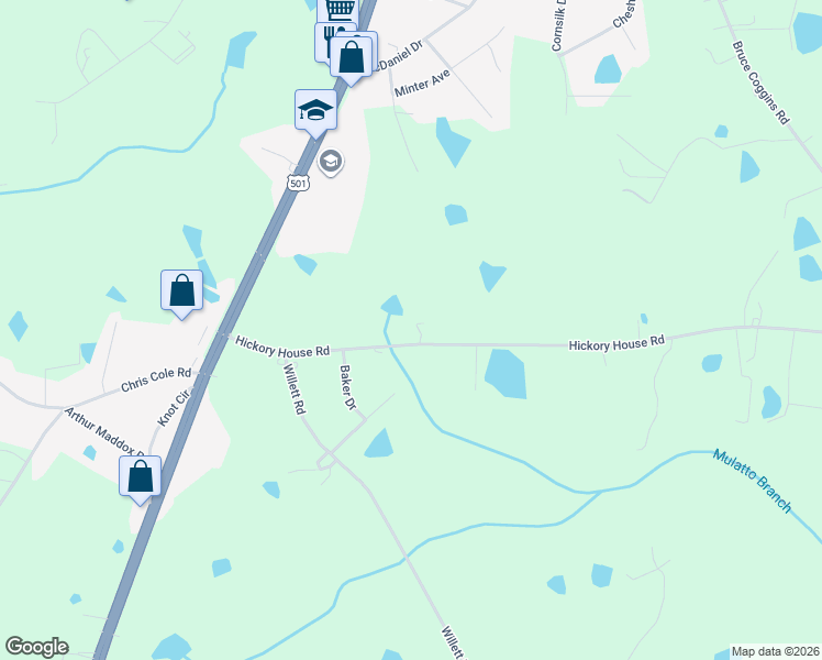 map of restaurants, bars, coffee shops, grocery stores, and more near 2398 Hickory House Road in Sanford