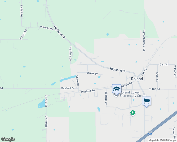 map of restaurants, bars, coffee shops, grocery stores, and more near 1000 James Drive in Roland
