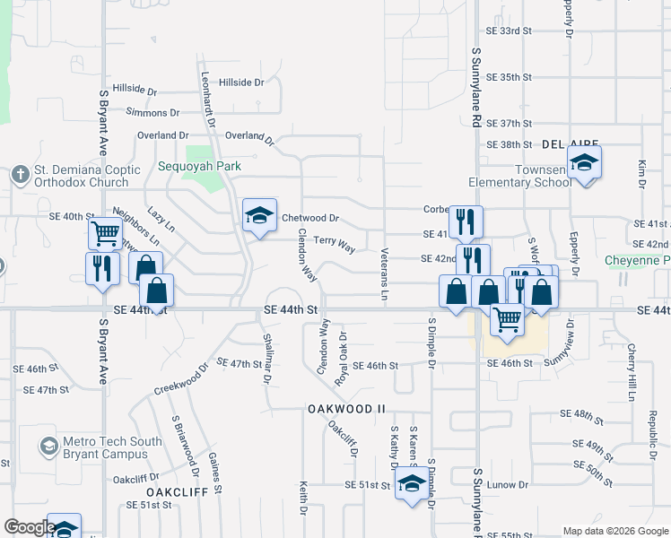 map of restaurants, bars, coffee shops, grocery stores, and more near 3901 Larkwood Drive in Del City
