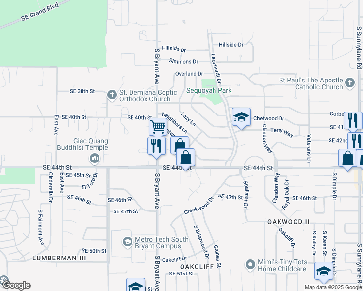 map of restaurants, bars, coffee shops, grocery stores, and more near 3120 Dentwood Terrace in Del City