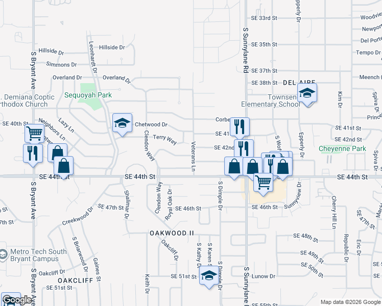 map of restaurants, bars, coffee shops, grocery stores, and more near 4021 Larkwood Drive in Del City