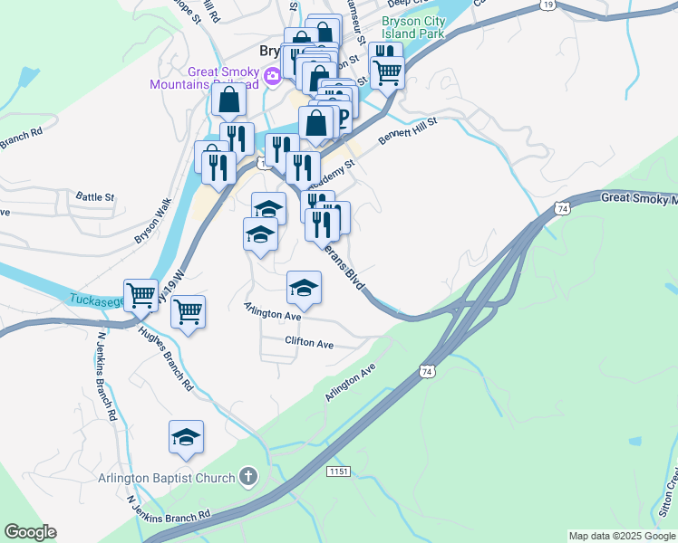 map of restaurants, bars, coffee shops, grocery stores, and more near 270 Veterans Boulevard in Bryson City