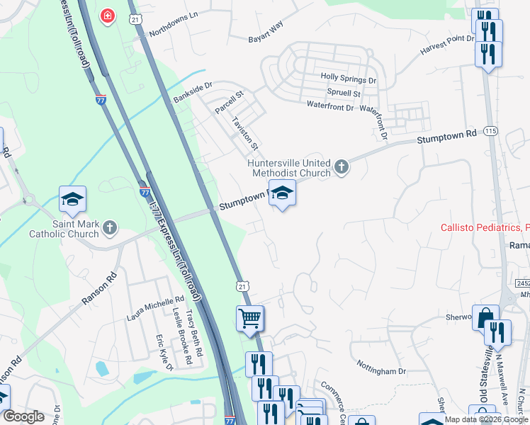 map of restaurants, bars, coffee shops, grocery stores, and more near 15112 Alexander Pl Dr in Huntersville