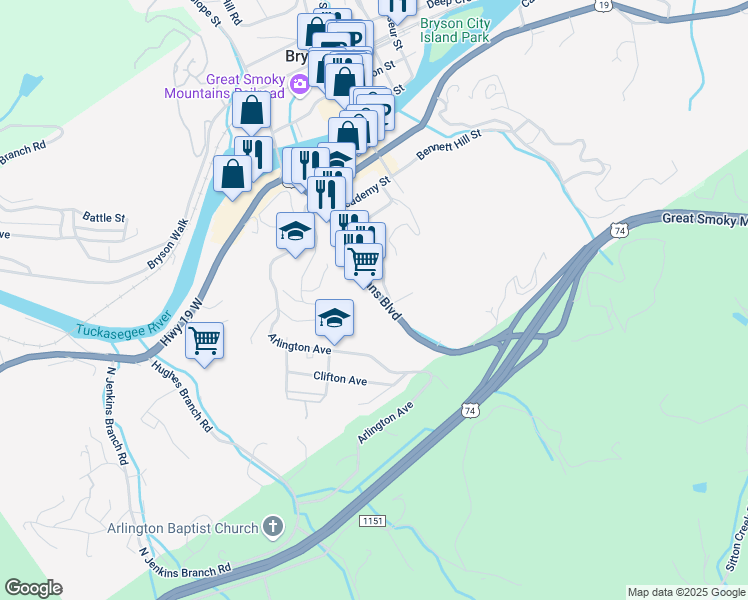 map of restaurants, bars, coffee shops, grocery stores, and more near 270 Veterans Boulevard in Bryson City