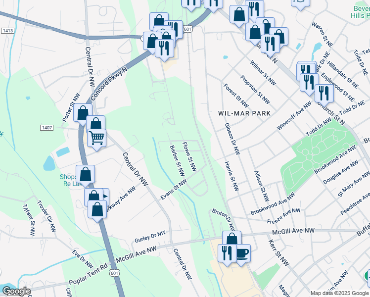 map of restaurants, bars, coffee shops, grocery stores, and more near Flowe Street Northwest in Concord