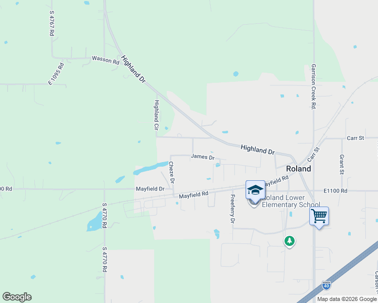 map of restaurants, bars, coffee shops, grocery stores, and more near 1000 James Drive in Roland