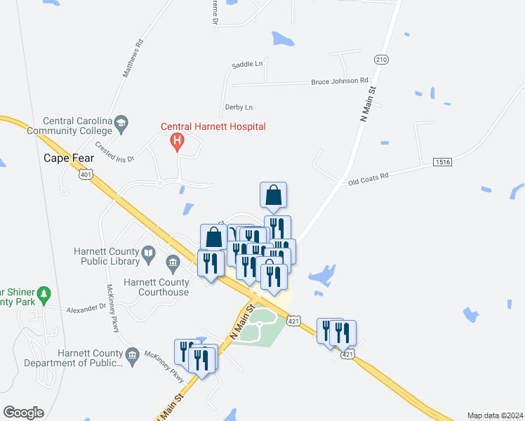 map of restaurants, bars, coffee shops, grocery stores, and more near 261 Pine State Street in Lillington