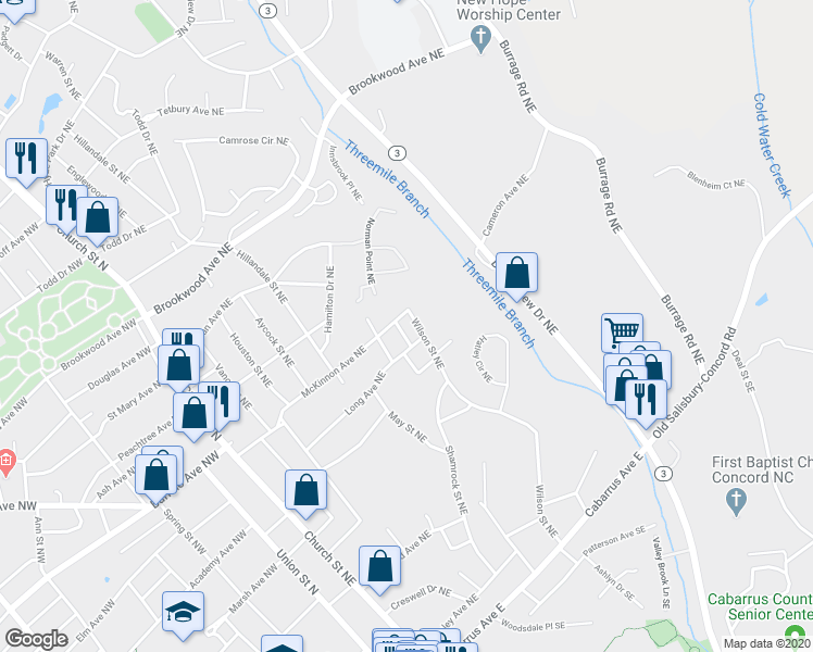 map of restaurants, bars, coffee shops, grocery stores, and more near 250 Halyburton Street Northeast in Concord
