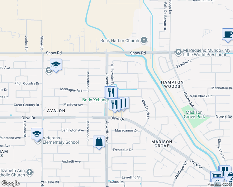 map of restaurants, bars, coffee shops, grocery stores, and more near 6911 Whitewater Falls Drive in Bakersfield