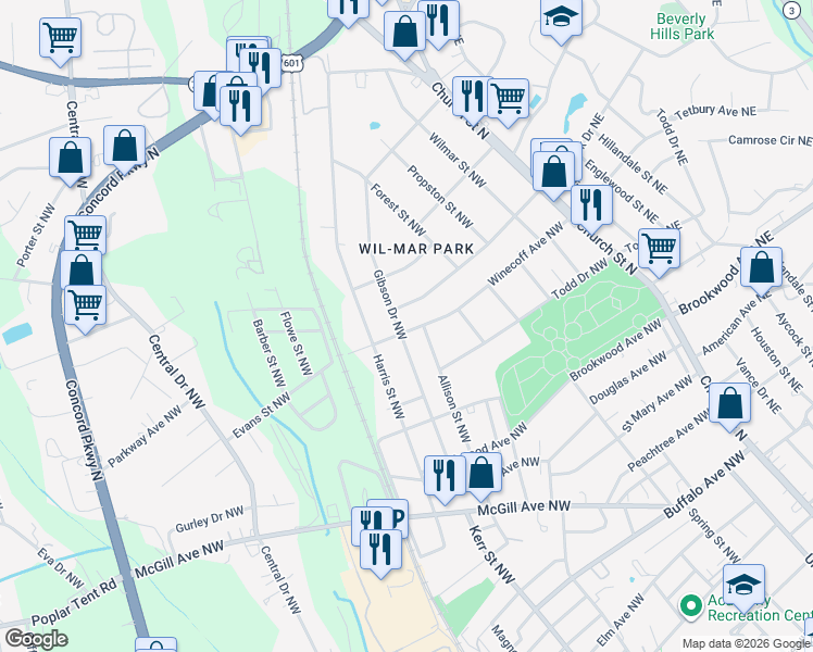 map of restaurants, bars, coffee shops, grocery stores, and more near 179 Spencer Avenue Northwest in Concord