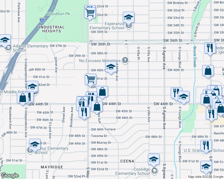 map of restaurants, bars, coffee shops, grocery stores, and more near 4305 South Miller Avenue in Oklahoma City