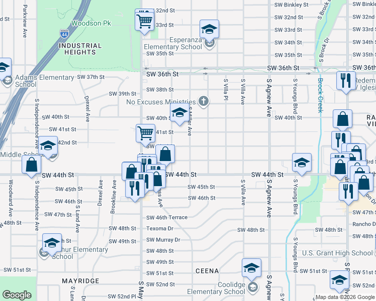 map of restaurants, bars, coffee shops, grocery stores, and more near 4305 South Miller Avenue in Oklahoma City