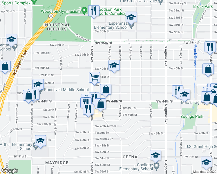 map of restaurants, bars, coffee shops, grocery stores, and more near 2800 Southwest 42nd Street in Oklahoma City
