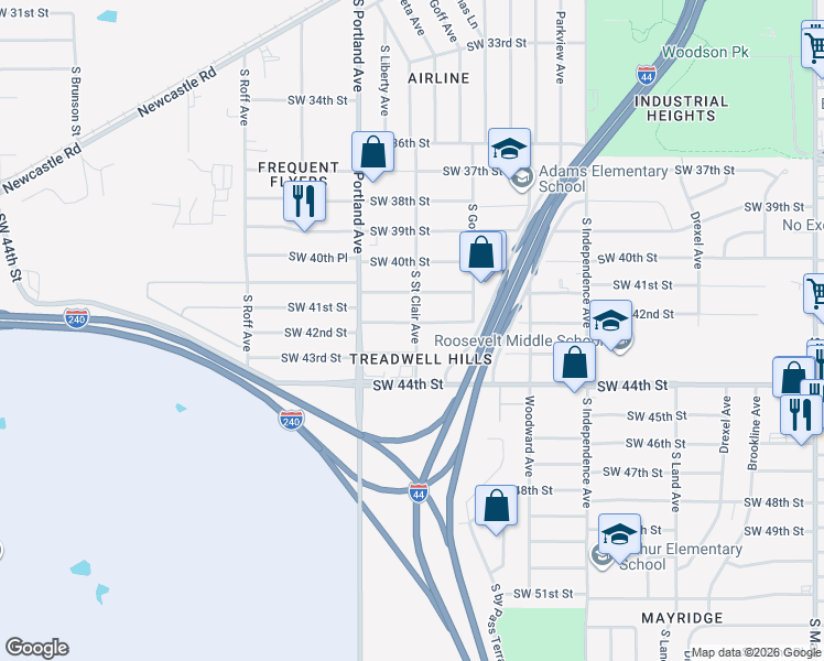 map of restaurants, bars, coffee shops, grocery stores, and more near 3600 SW 42nd St in Oklahoma City