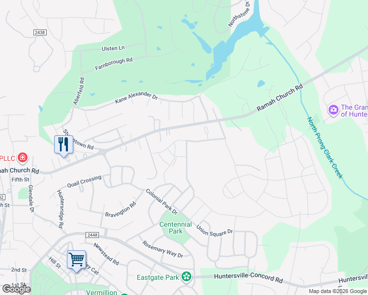 map of restaurants, bars, coffee shops, grocery stores, and more near 15317 Colonial Park Drive in Huntersville