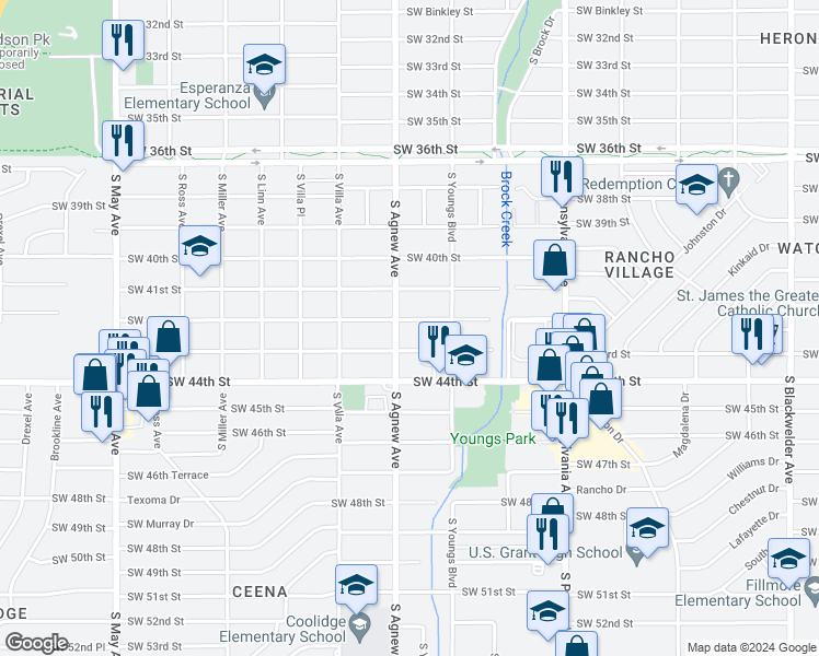 map of restaurants, bars, coffee shops, grocery stores, and more near 2336 Southwest 42nd Street in Oklahoma City