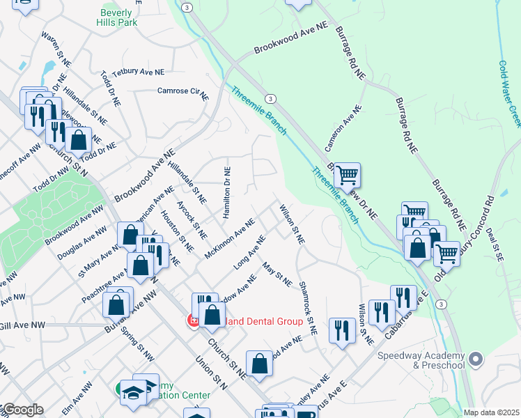 map of restaurants, bars, coffee shops, grocery stores, and more near 189 McKinnon Avenue Northeast in Concord