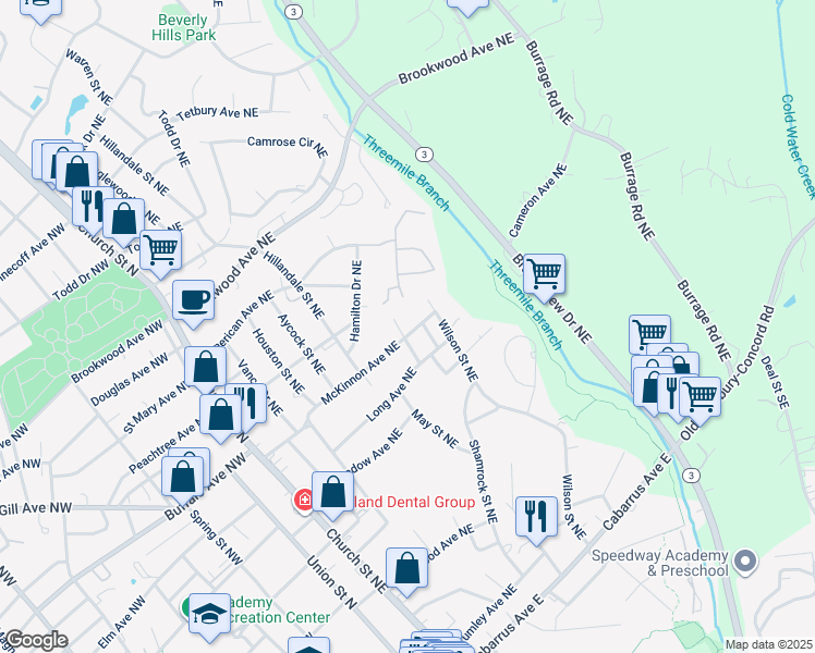 map of restaurants, bars, coffee shops, grocery stores, and more near 189 McKinnon Avenue Northeast in Concord