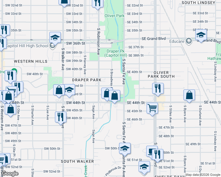 map of restaurants, bars, coffee shops, grocery stores, and more near 112 Southwest 42nd Street in Oklahoma City