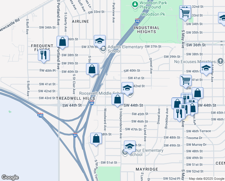 map of restaurants, bars, coffee shops, grocery stores, and more near 3324 Southwest 42nd Street in Oklahoma City