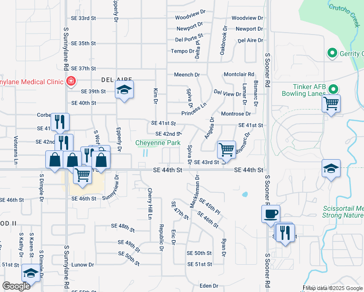 map of restaurants, bars, coffee shops, grocery stores, and more near 4212 Edinburg Way in Del City