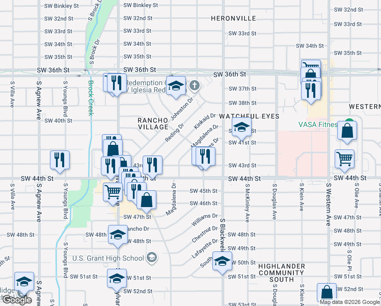 map of restaurants, bars, coffee shops, grocery stores, and more near 1410 Magdalena Drive in Oklahoma City