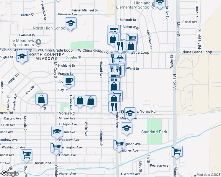 map of restaurants, bars, coffee shops, grocery stores, and more near 118 Ray Street in Bakersfield
