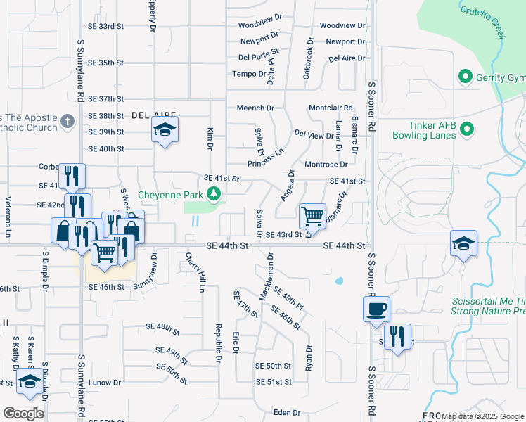 map of restaurants, bars, coffee shops, grocery stores, and more near 4300 Spiva Drive in Del City