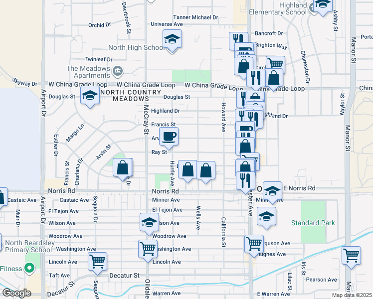 map of restaurants, bars, coffee shops, grocery stores, and more near 312 Ray Street in Bakersfield
