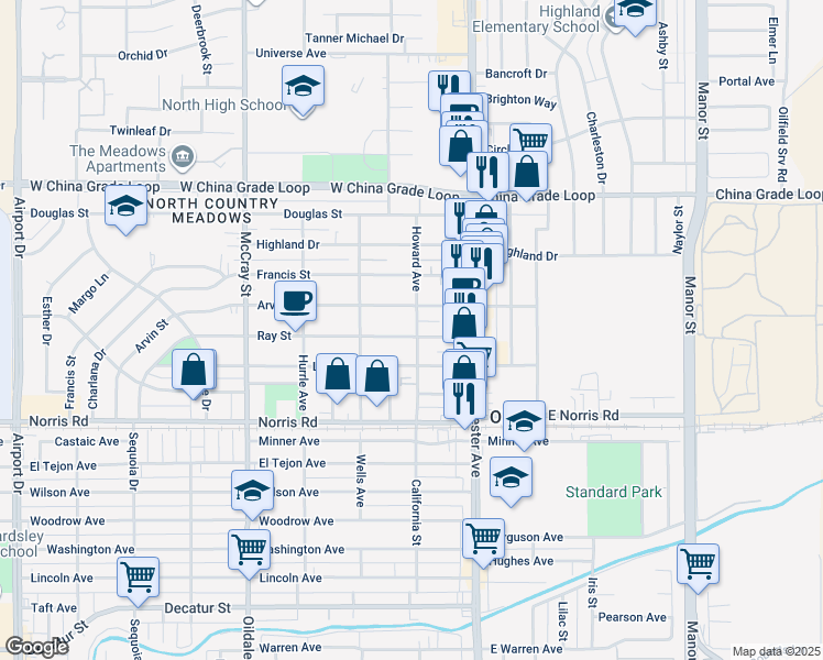 map of restaurants, bars, coffee shops, grocery stores, and more near 202 Ray Street in Bakersfield