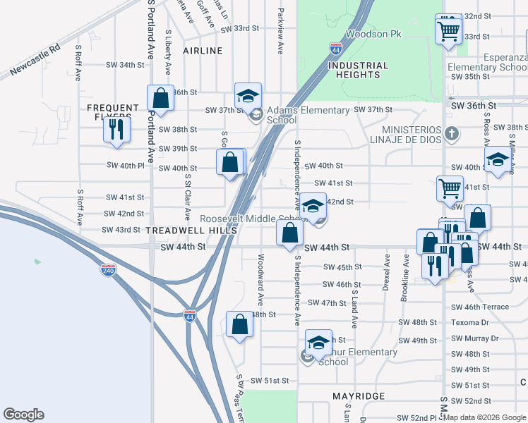 map of restaurants, bars, coffee shops, grocery stores, and more near 3344 Southwest 42nd Street in Oklahoma City