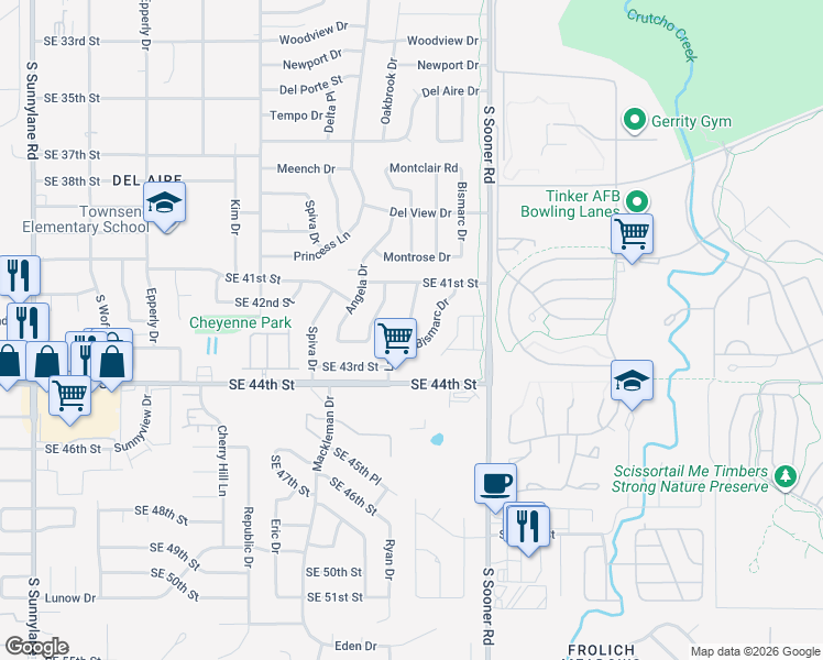 map of restaurants, bars, coffee shops, grocery stores, and more near 4228 Lamar Drive in Del City