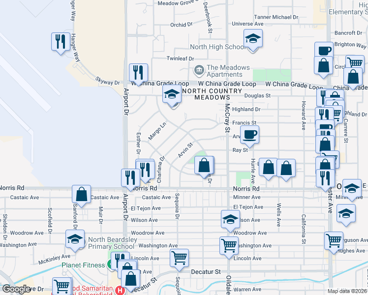 map of restaurants, bars, coffee shops, grocery stores, and more near 610 Arvin Street in Bakersfield