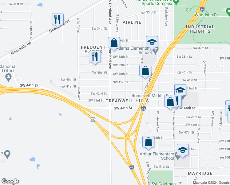map of restaurants, bars, coffee shops, grocery stores, and more near 3628 Southwest 42nd Street in Oklahoma City