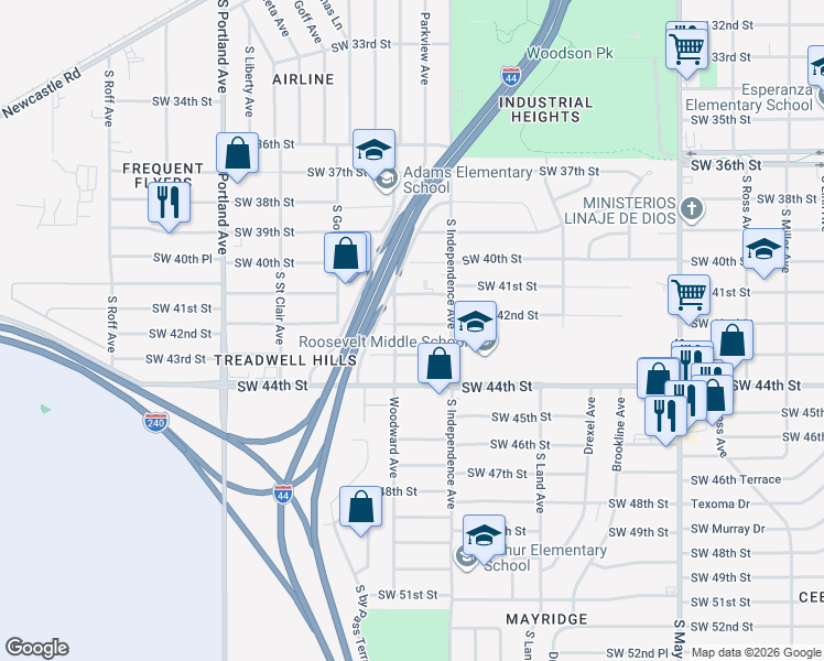 map of restaurants, bars, coffee shops, grocery stores, and more near 3344 Southwest 42nd Street in Oklahoma City