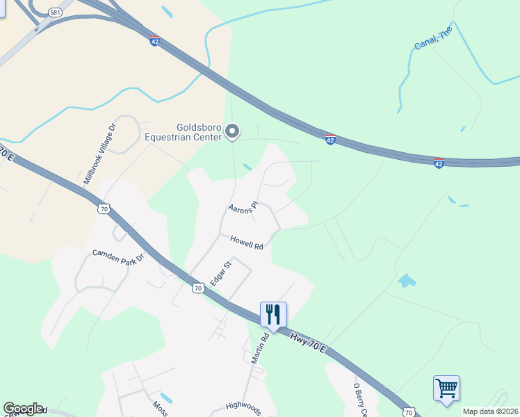 map of restaurants, bars, coffee shops, grocery stores, and more near 202 Sussex Place in Goldsboro