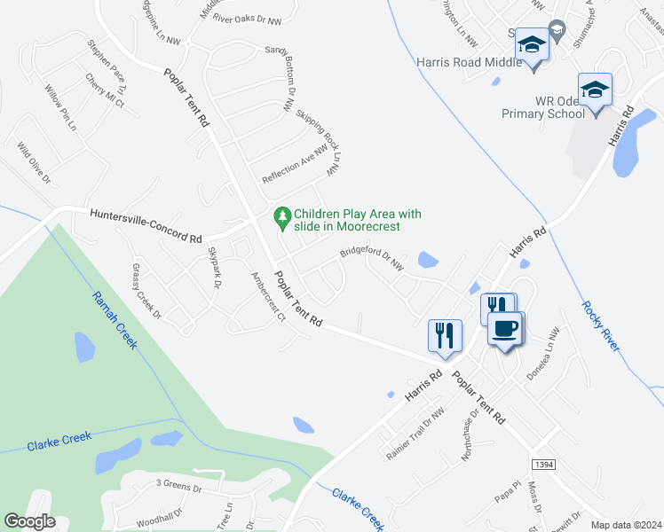 map of restaurants, bars, coffee shops, grocery stores, and more near 1254 Bridgeford Drive Northwest in Huntersville