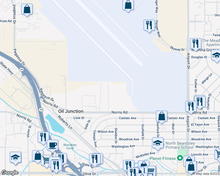 map of restaurants, bars, coffee shops, grocery stores, and more near 1740 Rench Road in Bakersfield