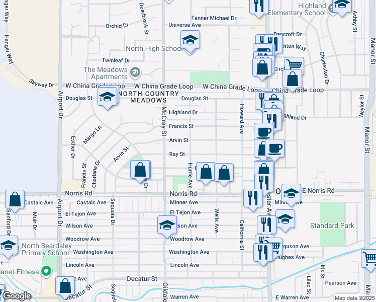 map of restaurants, bars, coffee shops, grocery stores, and more near 402 Ray Street in Bakersfield