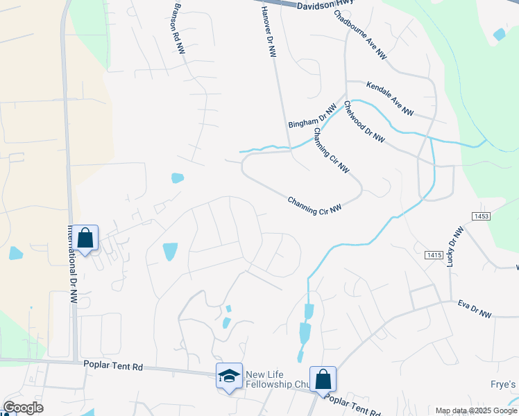 map of restaurants, bars, coffee shops, grocery stores, and more near 4531 Hunton Dale Road NorthWest in Concord