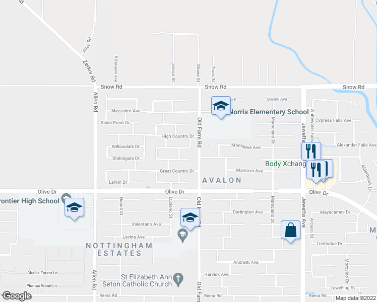 map of restaurants, bars, coffee shops, grocery stores, and more near 12107 Midtowne Drive in Bakersfield