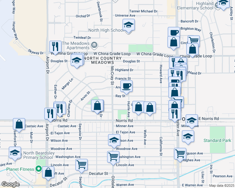 map of restaurants, bars, coffee shops, grocery stores, and more near 434 Ray Street in Bakersfield