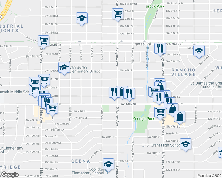 map of restaurants, bars, coffee shops, grocery stores, and more near 2420 Southwest 42nd Street in Oklahoma City