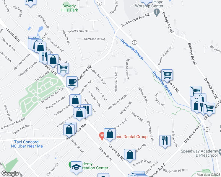 map of restaurants, bars, coffee shops, grocery stores, and more near 320 Hillandale Street Northeast in Concord