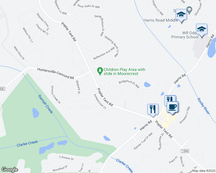 map of restaurants, bars, coffee shops, grocery stores, and more near 1231 Bridgeford Drive Northwest in Huntersville