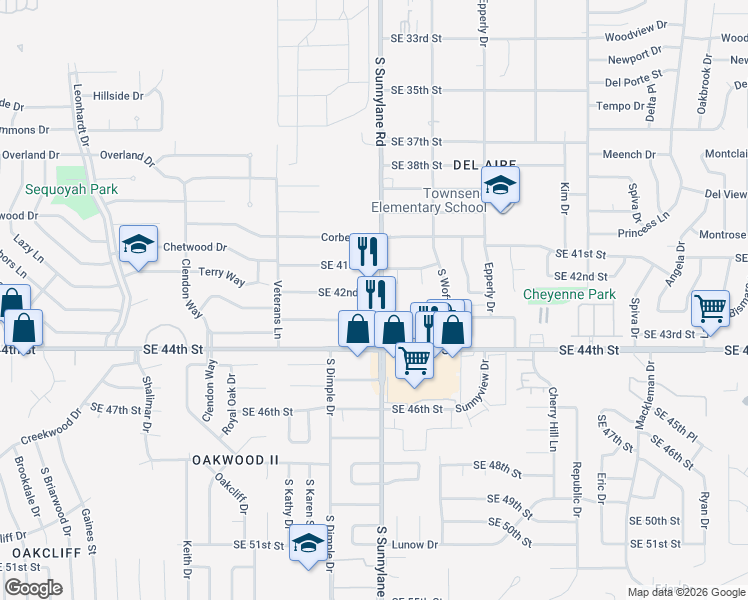 map of restaurants, bars, coffee shops, grocery stores, and more near 4301 South Sunnylane Road in Del City