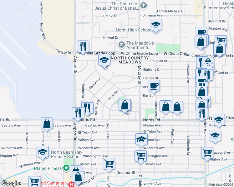 map of restaurants, bars, coffee shops, grocery stores, and more near 600 Ray Street in Bakersfield